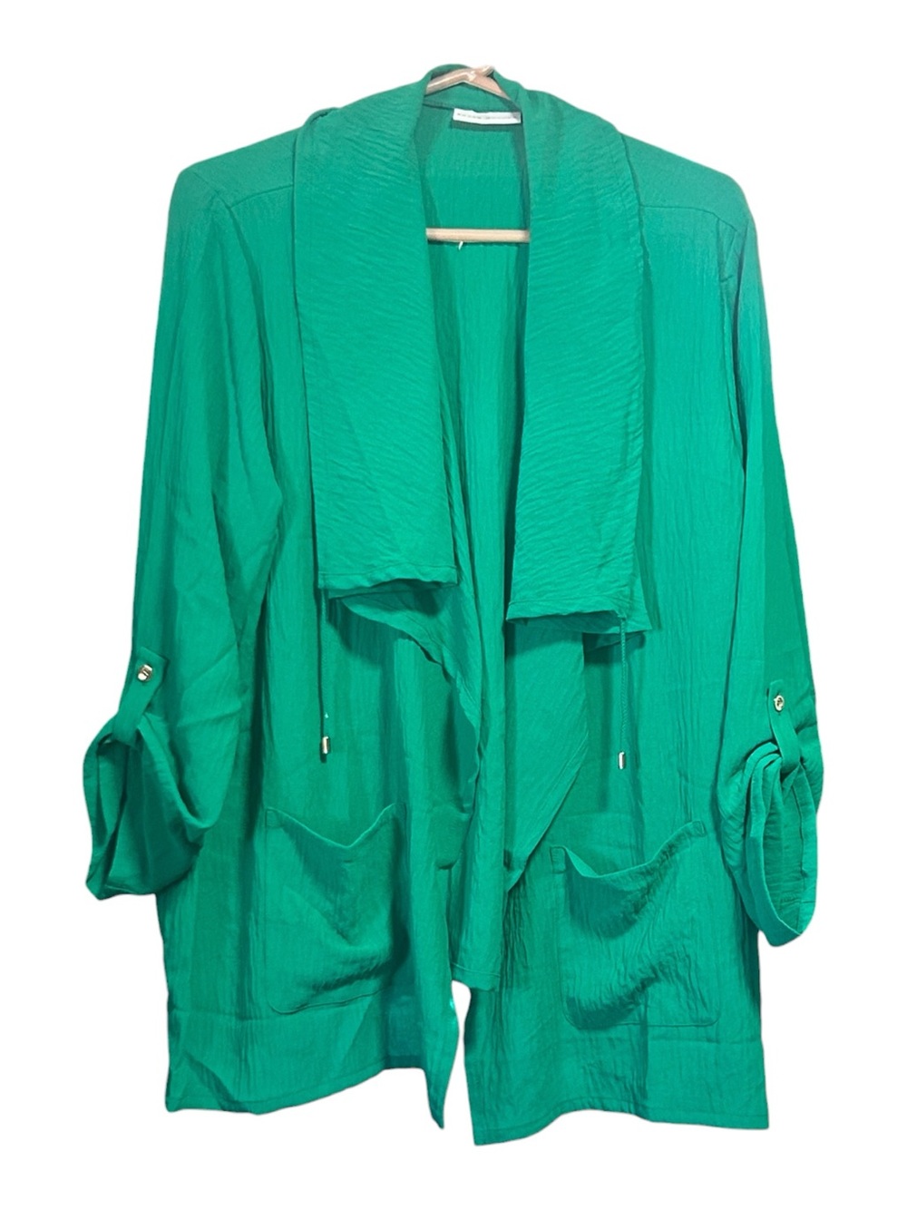 NWOT Susan Graver Crinkle Woven Drape Front Roll-Tab Sleeve Cardigan